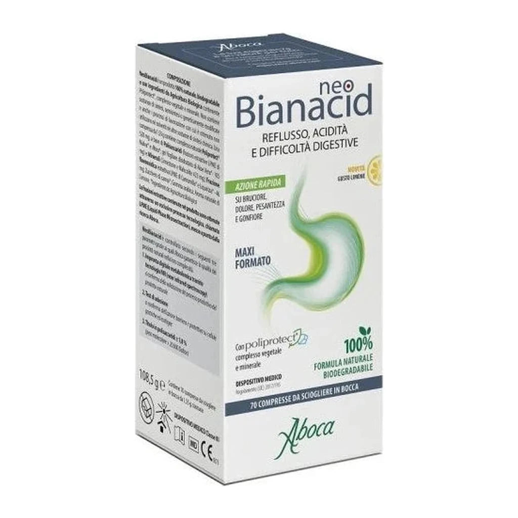 Aboca Neo Bianacid: Natural Remedy for Reflux, Acidity & Digestive Problems - 70 Lemon Tablets
