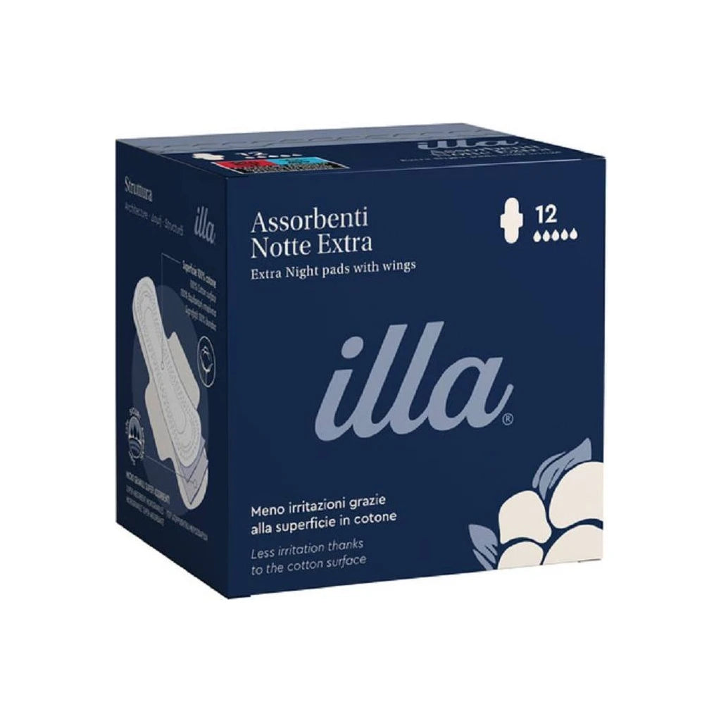 Illa Compresas Noche Extra con Alas, 12 uds | Máxima Protección y Confort de Algodón