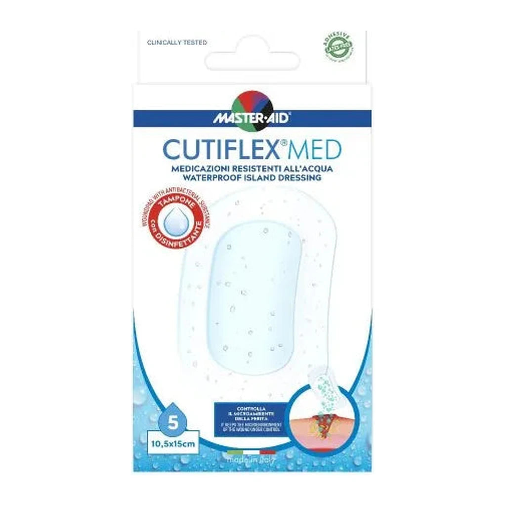 Master-Aid Cutiflex Med: Waterproof Island Dressings with Disinfectant 10.5x15cm (5 Pcs)
