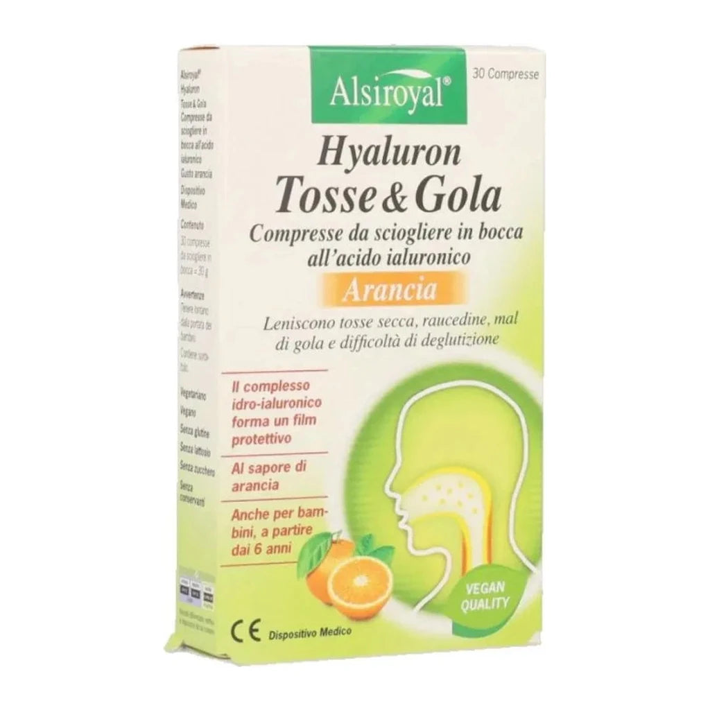 Alsiroyal Hyaluron Husten & Hals | Hyaluronsäure-Lutschtabletten Orangengeschmack bei Halsschmerzen & trockenem Husten - 30 Tabletten
