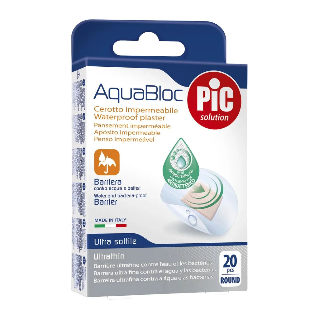AquaBloc PIC Solution Waterproof Round Plasters with Antibacterial Pad, 20 pcs