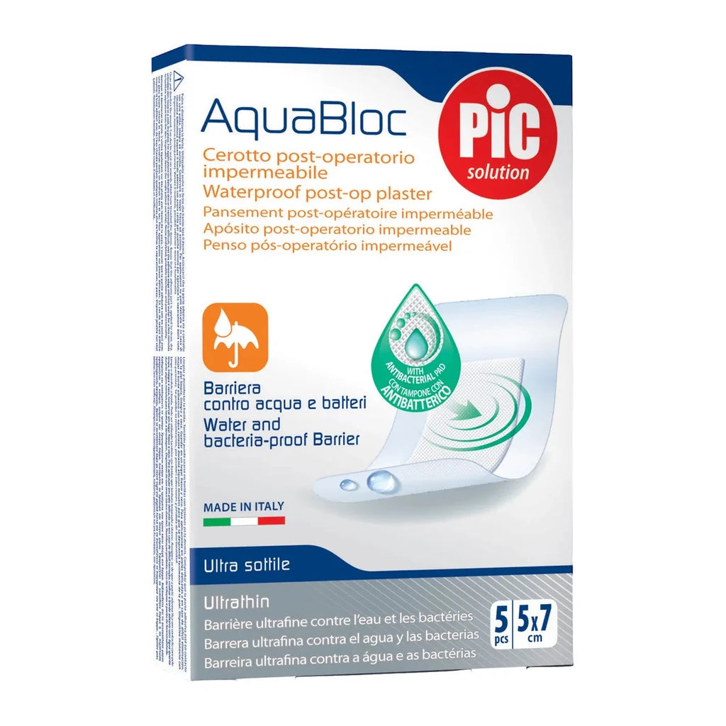 AquaBloc PIC Waterproof Post-Op Plasters 5x7cm Antibacterial Ultrathin - 5 Pcs