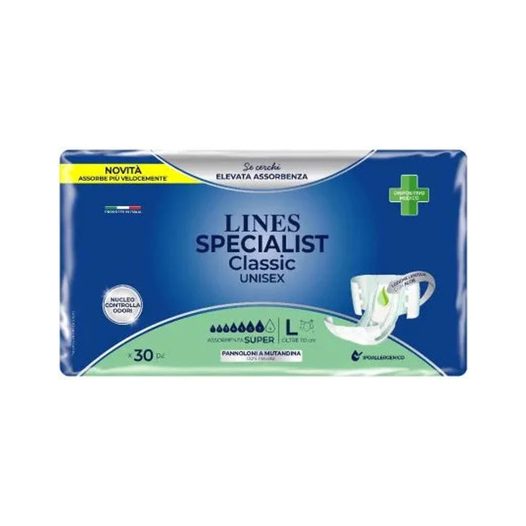 Lines Specialist Classic Unisex | Pañales de Incontinencia Super Absorbentes Talla L 30 uds