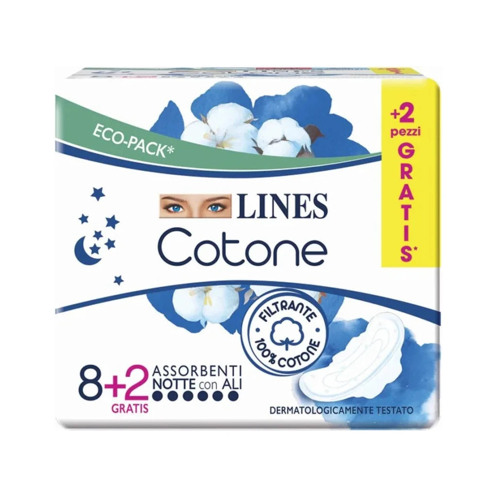 Lines Cotone Bio Ultra Night Pads with Wings - 100% Cotton (8+2 Free)
