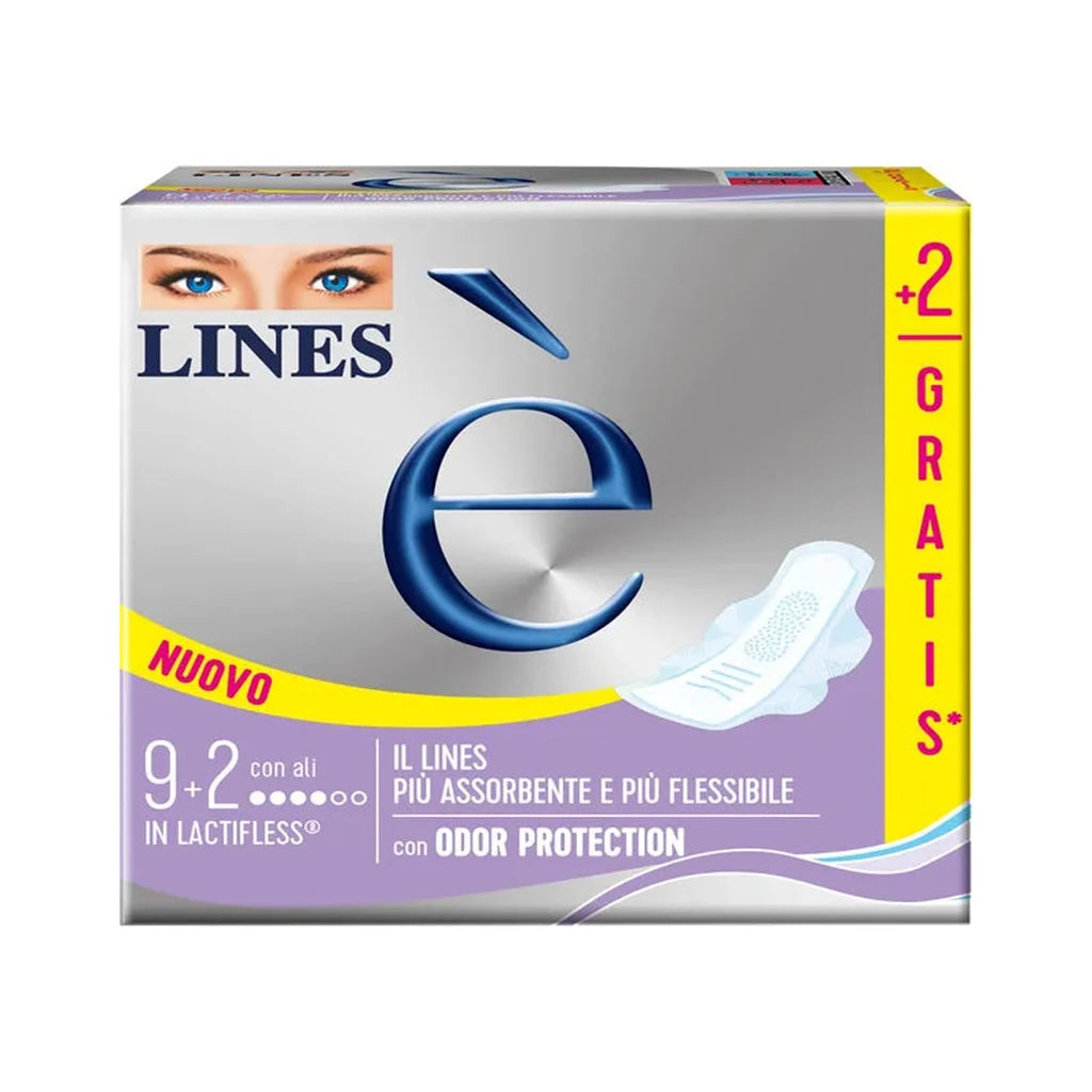 LINES e Damenbinden mit Flügeln Neu | Ultra Saugfähig, Flexibel & Geruchsschutz | 9+2 Gratis Packung
