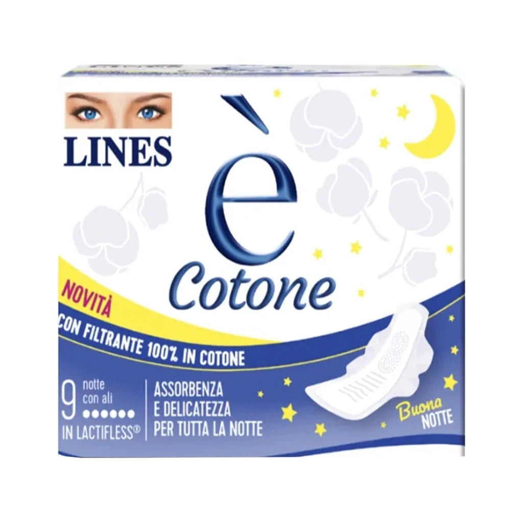Lines è Cotone Night - Cotton Sanitary Pads with Wings - 9 Count